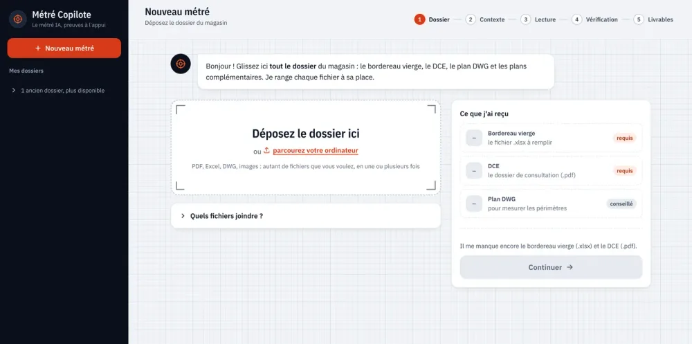 Métré Copilote — écran de dépôt du dossier d'appel d'offres